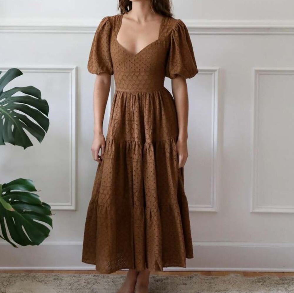 Mille Caramel Brown Eyelet Maja Midi Dress (M)